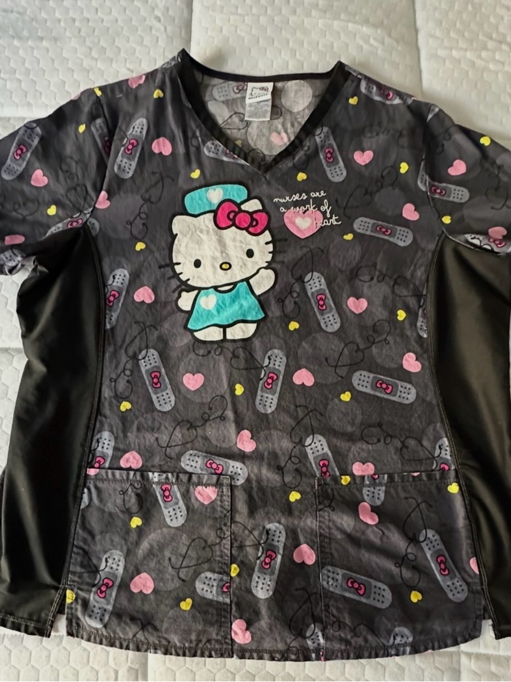 Hello Kitty Black V-Neck Printed Medical Scrub Top with Pink & Teal Accents - Picture 2 of 7